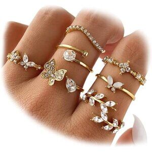 BOHO 8-Piece Elegant Gold Crystal Adjustable Midi Ring Set – Butterfly & Floral